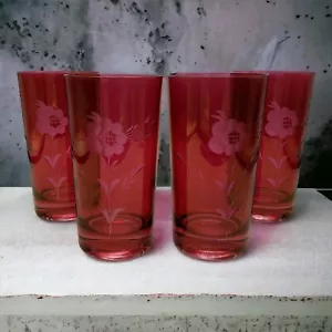Vtg Ruby Red Stained Flashed Cut to Clear Acid Etched Tumblers Glasses 4 Federal - Picture 1 of 9