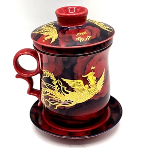 Phoenix Chinese Dragon Tea Mug Lid Infuser And Saucer Red Gold Trim Porcelain - Picture 1 of 10