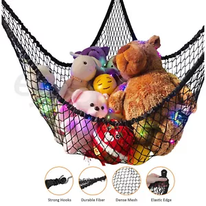 Stuffed Animal Hammock Net w/ LED Light Toy Storage Corner Organizer Black - Picture 1 of 6