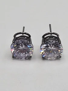 Joan Boyce Gunmetal Finish Clear Cubic Zirconia CZ Stud Earrings Omega Back - Picture 1 of 13