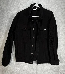 Black Distressed Torn Sleeves Jean Denim Jacket Men's Medium See Measurements - Photo 1/7