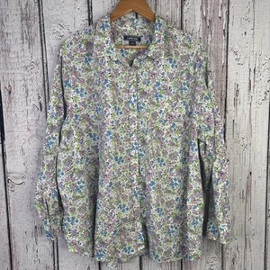 Lands’ End Plus Size 3X 24W-26W Floral Linen Blend Button Down Shirt Roll Tab - Picture 1 of 15