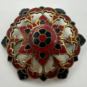 Antique 1890s Victorian French red black champlevé enamel openwork brass brooch - Picture 1 of 9