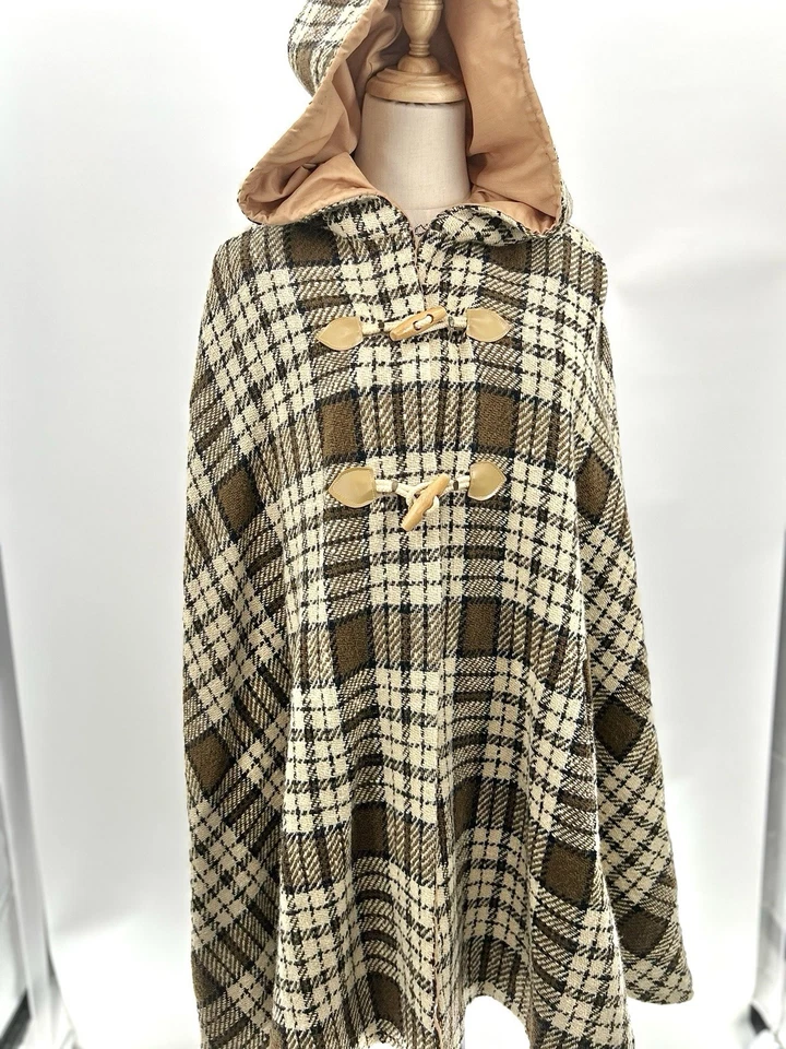 Винтажный шерсти желтовато-коричневый клетку с капюшоном плащ пальто езды плащ фиолетовый подкладка - Изображение 1 из 4