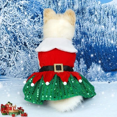 Christmas Dog Dresses Shiny Sequin Hem Golden Velvet Skirt Comfortable Warm ☾ - Image 1 of 4