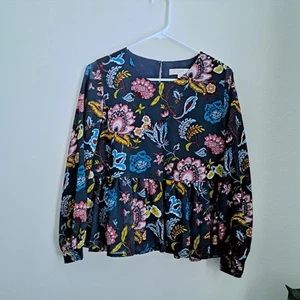 Ann Taylor Loft Blouse Women Size Small Petite TEAL Floral Peplum Long Sleeves - Foto 1 di 9