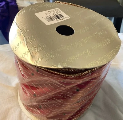 Farrisilk Árbol de Navidad Puntos Cinta Roja 4" X 10 Yardas Nuevo Sellado Oro Borde Verde  Foto 1 de 4