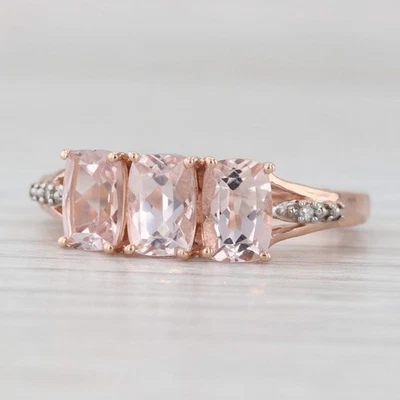 Anillo de diamantes de morganita de 3 piedras de 1,78 quilates de oro rosa de 10 k talla 5 certificado de autenticidad Foto 1 de 4