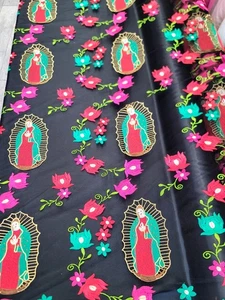 Fabric By The Yard Lace Embroidery Red Green Floral Virgen Mary Black Mesh Lace - Picture 1 of 14