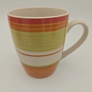 Pier 1 Valencia Stoneware Orange Red Green Striped Mug Hand painted looks unused - Picture 1 of 8