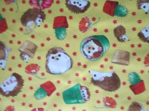 HEDGEHOGS ANIMAL HEDGEHOG FLOWERS POTS CACTUS YELLOW COTTON FABRIC FQ - Picture 1 of 6