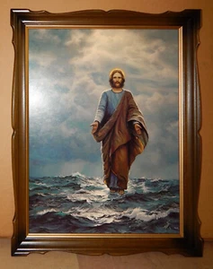 Vintage Jesus Walking on Water Picture in Wood Frame (27 1/2" x 21 1/2") New - Picture 1 of 4