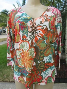 CDP & Co. Neu mit Etikett XL mehrfarbig Blumenmuster Paisley V-Ausschnitt Top 3/4 Ärmel verziert - Bild 1 von 7