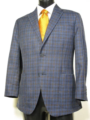 Nordstrom Navy Brown Check Sport Coat 40S Wool Linen Silk Zegna Tie - Image 1 of 4