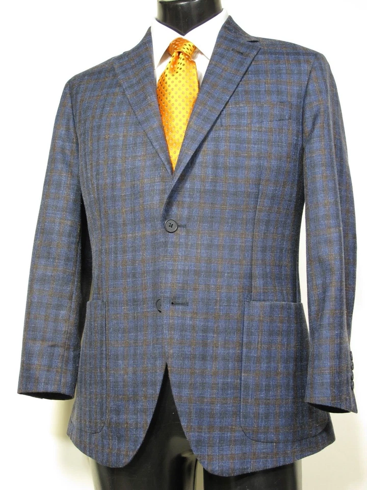 Nordstrom Navy Brown Check Sport Coat 40S Wool Linen Silk Zegna Tie - Image 1 of 4