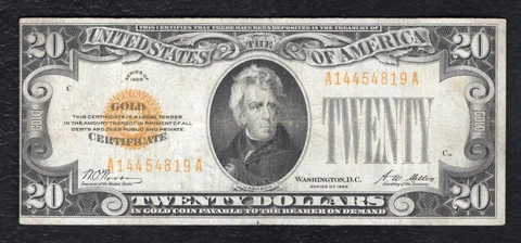 FR. 2402 1928 $20 TWENTY DOLLARS GOLD CERTIFICATE CURRENCY NOTE VERY FINE (F) Cover
