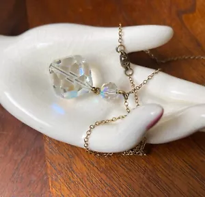 Antique 1920s Iridescent Faceted Prism Pendant Gold Filled Chain Link Necklace - Picture 1 of 7