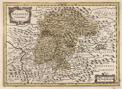 Nassau Grafschaft Original Kol. Kupferstich Landkarte Janssonius Waesberge 1676 • 200€