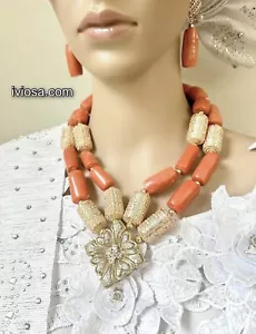 African Coral Necklace Set, Nigerian Jewelry Set, Coral Jewelry Set, Coral - Picture 1 of 2
