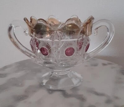 EAPG U.S. Glass No. 15117 Newport Bulls Eye & Daisy Gilded Ruby Stain Spooner - Image 1 of 2