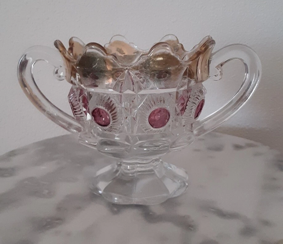 EAPG U.S. Glass No. 15117 Newport Bulls Eye & Daisy Gilded Ruby Stain Spooner - Image 1 of 2