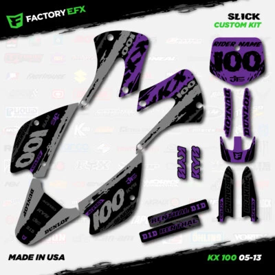 Gray & Purple Slick Racing Graphics Kit fits 05-13 Kawasaki Kx100 kx 100 decal - Image 1 of 3