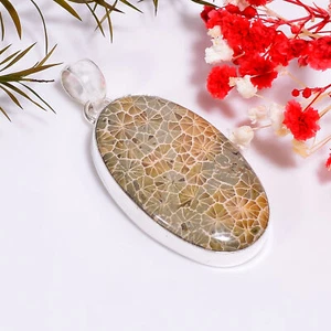 Fossil Corallo Etnico Handmade Jewelry.925 Ciondolo Placcato Argento 1.9 " - Foto 1 di 6