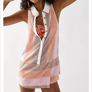 Free People Beverly Skort Romper Size XS Pink Orange Purple Seersucker Button Up - Picture 1 of 12