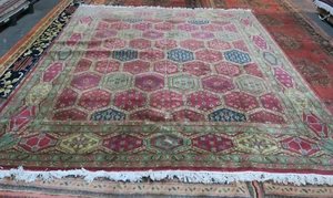 Vintage Hand Knotted Wool Colorful Art Deco Romanian Rug 8'7 x 8'4 Square - Picture 1 of 9