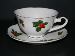 Mid Century Lefton handbemalte Stechpalme Weihnachten Teetasse und Untertasse 7950 - Bild 1 von 14
