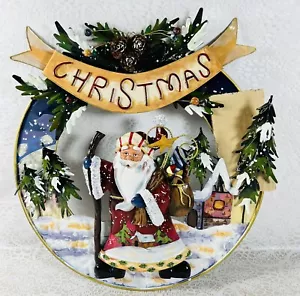 Home Interiors Vintage 13" Christmas Wreath Metal 3D Santa Claus Scene NEW - Picture 1 of 4