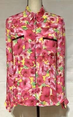 LE CAVIAR Talla M Transparente Rosa y Amarillo Floral Snap Cuello Frontal Top Blusa Camisa Foto 1 de 4