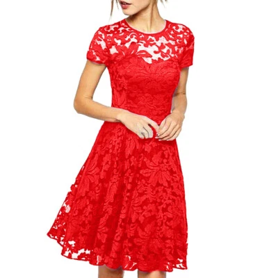 Lace Hollow Out Women Dress Elegant Summer Dresses O-Neck Short Sleeve MiniDress - Image 1 of 4