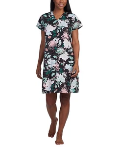 Miss Elaine Womens Snapfront Cotton Blend Nightgown Black Floral L - Picture 1 of 6