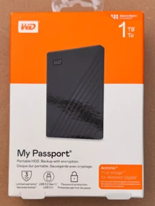 WD MY PASSPORT 1 TB PORTABLE EXTERNAL HARD DRIVE - NEW USB 3.2 BLACK WARRANTY - Afbeelding 1 van 1