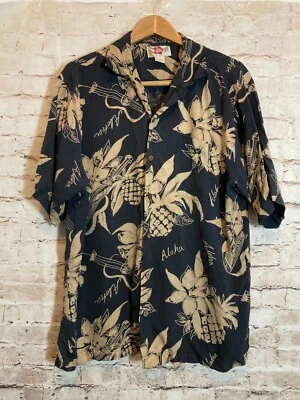 Camisa Hawaiana Hilo Hattie Seda Para Hombre Grande Negra y Tostada Floral Abotonada Tropical Foto 1 de 4