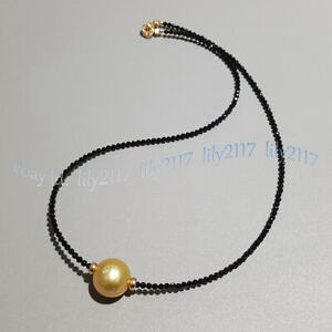 Faceted 3mm Bright Black Spinel Round Gems 11-12mm Gold Pearl Necklace 14-32''