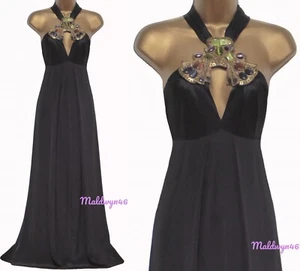 KAREN MILLEN ✩ BLACK SILK EMBELLISHED HALTER MAXI EVENING LONG DRESS ✩ UK 12 NEW - Picture 1 of 8