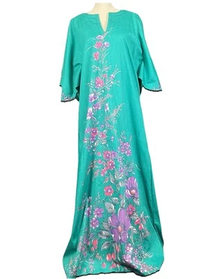 Винтажный Neiman Marcus бирюзовый цветочный макси кафтан Muumuu дом платье размер маленький богемное - Изображение 1 из 4