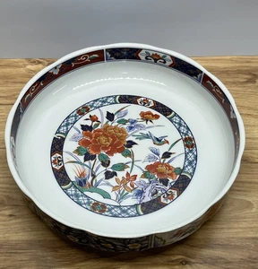 Shibata 11 Zoll japanisches Porzellan Blumenmuster überbackene Schüssel mit Vogel blau - Bild 1 von 17