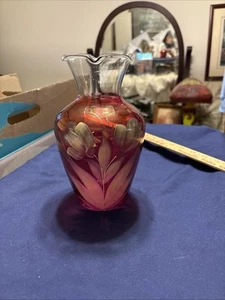 Beautiful Hand Blown Cranberry Vase - Hand Painted Flowers - Picture 1 of 9