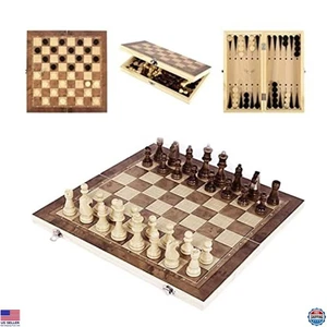 3-in-1 Premium Folding Wooden Chess Board Set with Chess, Backgammon & Checkers - Picture 1 of 7