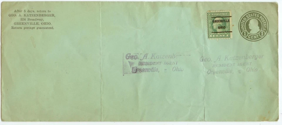 1920s Greenville Ohio 1ct PSE uprated Sc 543 1ct Greenville precancel - Image 1 of 1