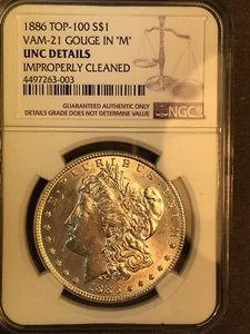 1886 P UNC Details VAM 21 Gouge in "M" Top 100  Morgan Silver Dollar - Picture 1 of 12