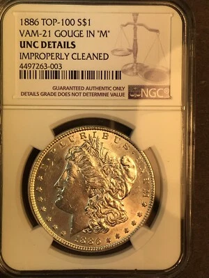1886 P UNC Details VAM 21 Gouge in "M" Top 100  Morgan Silver Dollar - Image 1 of 4