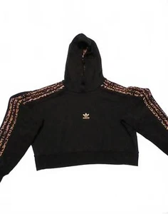 Adidas Womens Sz Small Black Cropped Hoodie Leopard Print Sweater - Picture 1 of 10