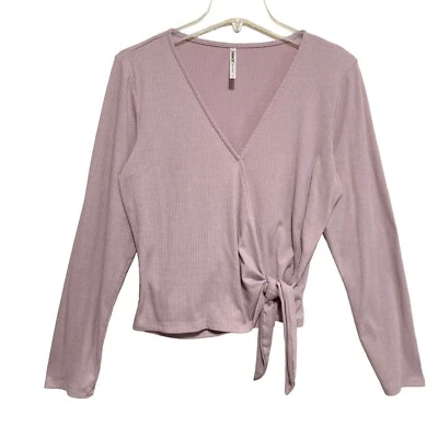 Blusa feminina de malha Tresics tamanho grande roxa manga longa amarrar nó frontal - Imagem 1 de 4