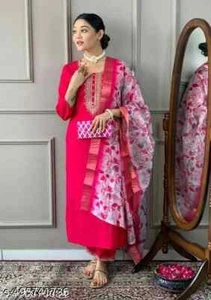 Conjunto de Kurta Recto Rayón Slub para Mujer con Pantalones y Dupatta Para Mujer y Niñas - Imagen 1 de 6