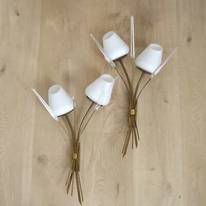 Pair 1950s French Brass Retro Wall Lights Opaque Glass & Bullrush Details 5360 - Picture 1 of 14