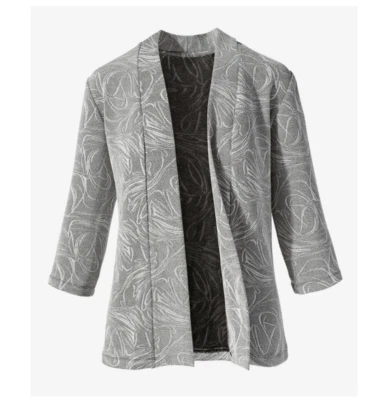 Chaqueta Chico’s Plateada Texturizada Manga 3/4 Frente Abierto en Gris Chelsea Talla 0 o XS Foto 1 de 4